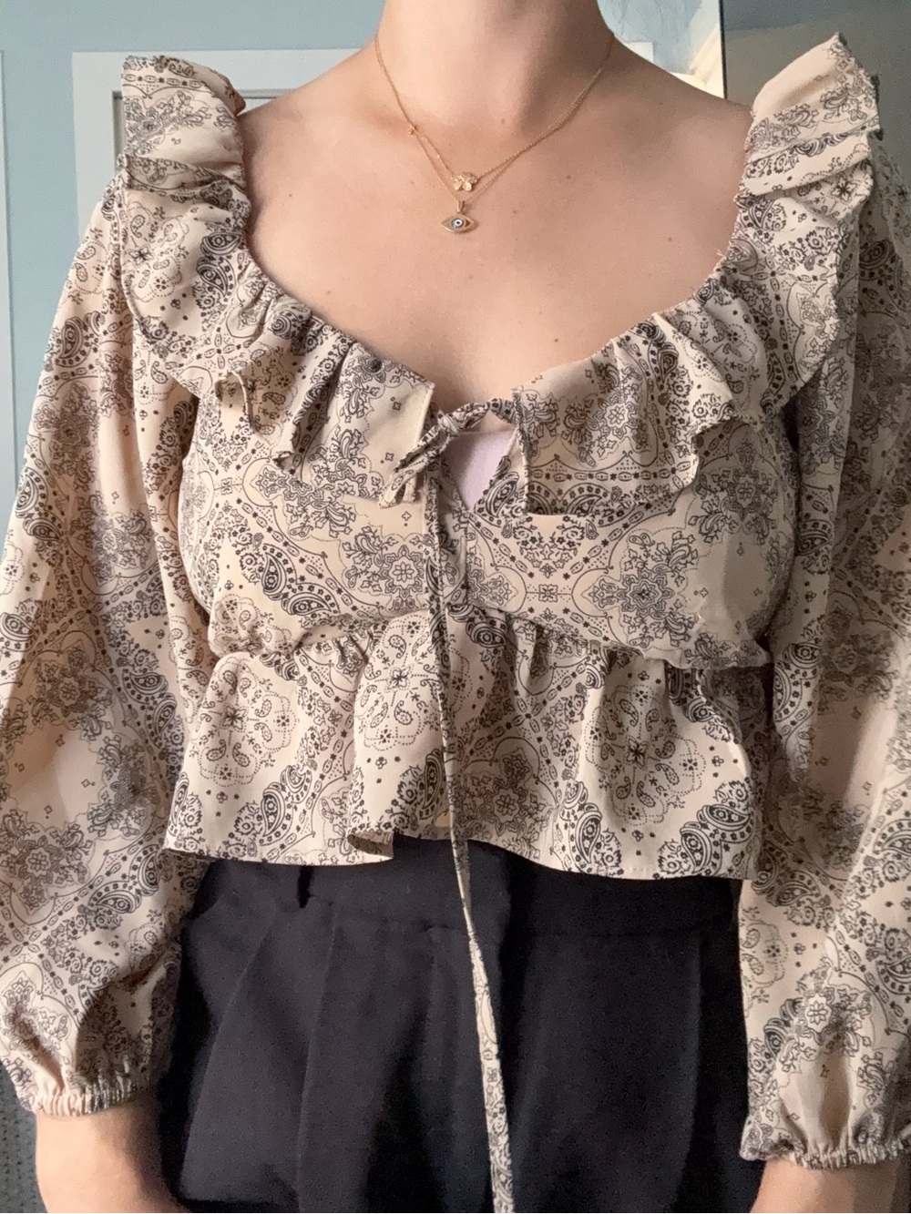 Papaya Beige Paisley Ruffle Tie-Front Peasant Top
